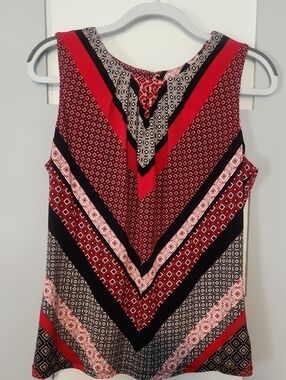 Calvin Klein Red, Black & White Geometric V-Neck Sleeveless Top